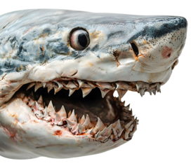 Close-up of great white shark with jaws, showing sharp teeth.