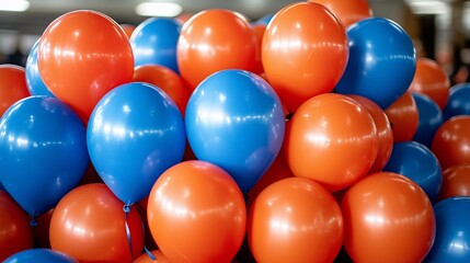 Blue and orange balloons pile, indoor event, blurry background, festive celebration