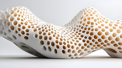 Fototapeta premium Abstract sculpture featuring a smooth, porous surface with numerous holes, showcasing an innovative design that merges art and technology.