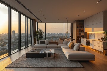 Fototapeta premium Luxury penthouse living room with sleek glass views urban cityscape contemporary design sunset glow modern style