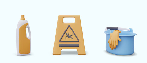 Large detergent bottle, slippery floor warning sign, plastic bucket with rubber gloves. Set of colored elements for wet cleaning concepts. Icons for store