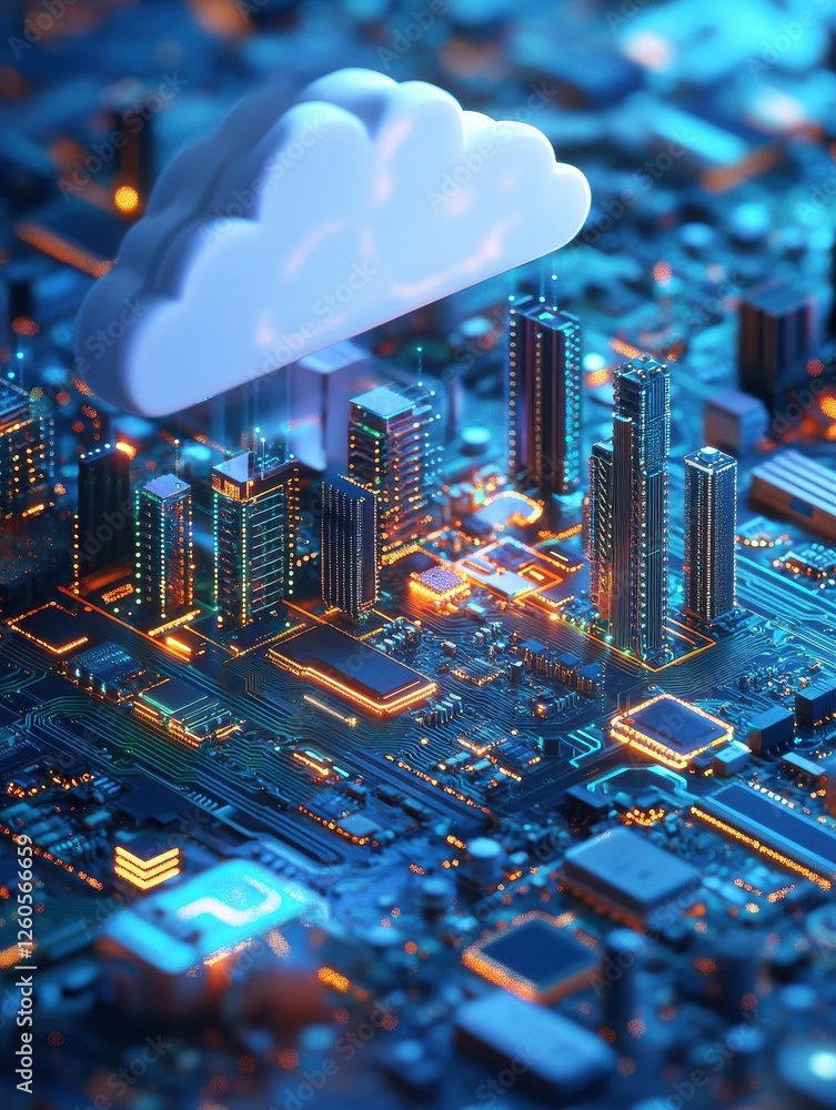 Poster computer circuit board and chips as a city illustrating cloud computing. generative ai.
