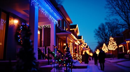 Snowy street, Christmas lights, houses, pedestrians, winter evening (1)