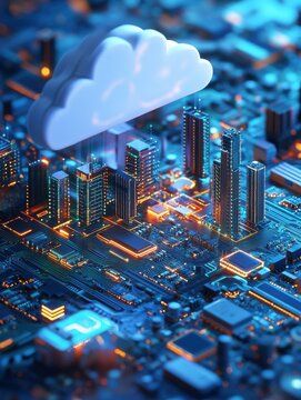 Computer circuit board and chips as a city illustrating cloud computing. Generative AI.