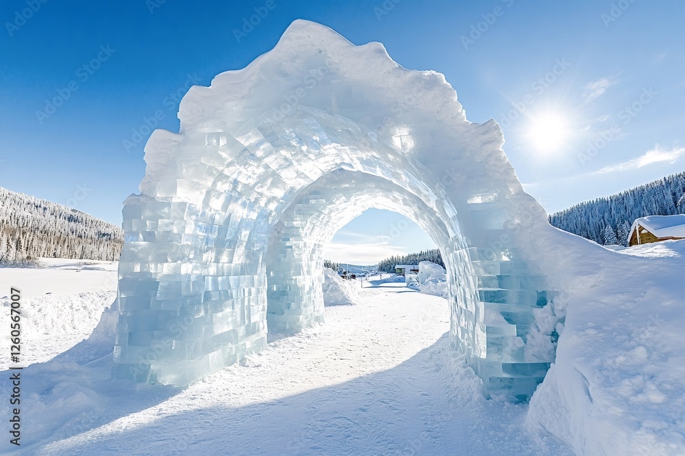 Poster sunlight illuminates an archway made of ice blocks, creating a magical scene in a snow-covered winte