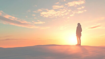 Solitary Figure Contemplates a Serene Sunrise in a Minimalist Landscape