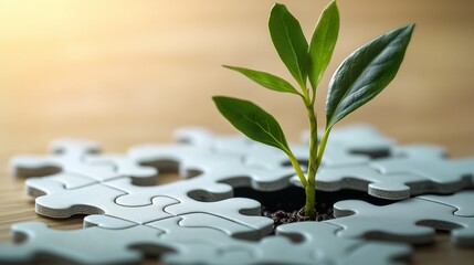 A plant growing through puzzle pieces symbolizes integrating sustainability into complex strategies.
