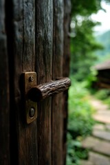 Close-up of wooden door handle opens to garden, for rustic look or a getaway