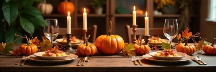 Decorated dinner table with pumpkin centerpieces and pillar candles, pumpkins, vintage