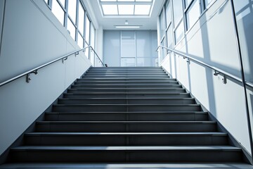 Obraz premium Modern Office Building Interior Staircase with Metal Railings and Bright Sunlight Streaming Through