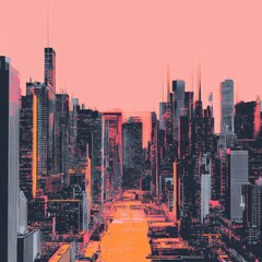 Generative AI, Poster with cityscape in risograph and glitch style, monochrome colors