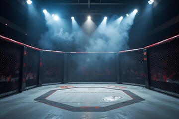 Empty Octagon MMA Cage Fight Arena Spotlight Smoke Competition