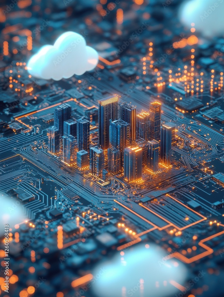 Poster computer circuit board and chips as a city illustrating cloud computing. generative ai.