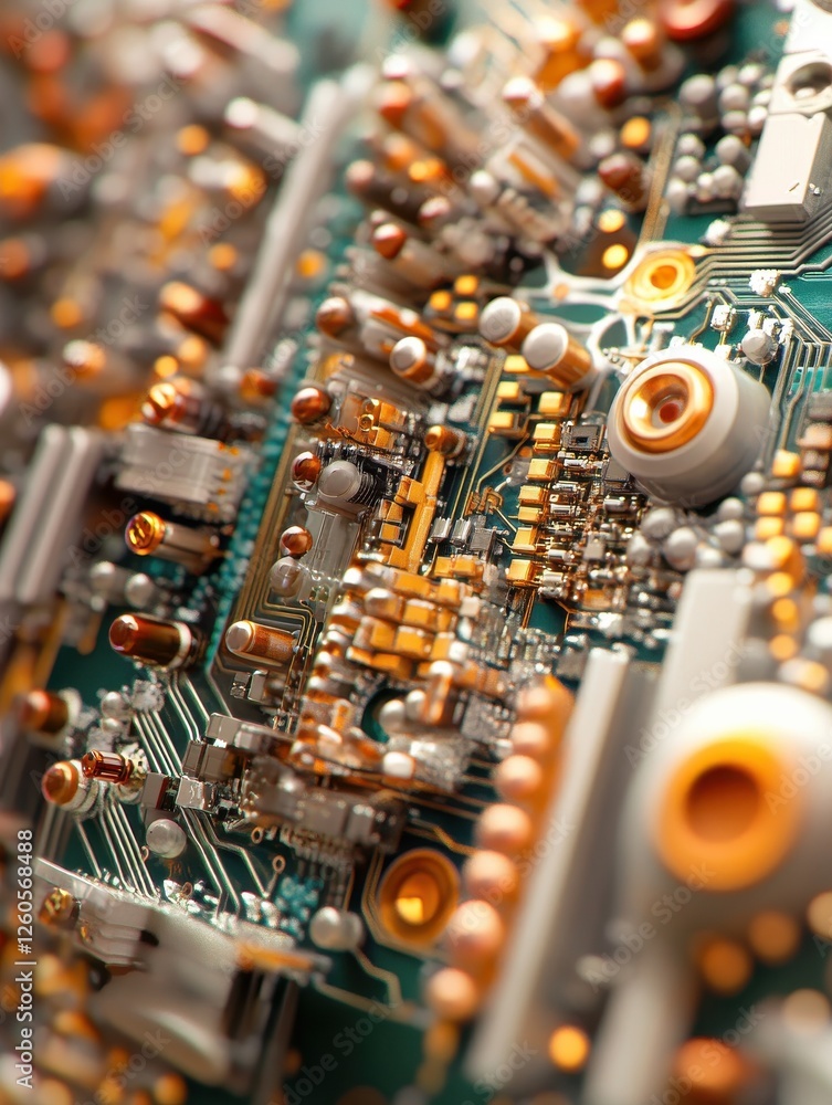 Poster computer circuit board close-up with intricate electronic connections.