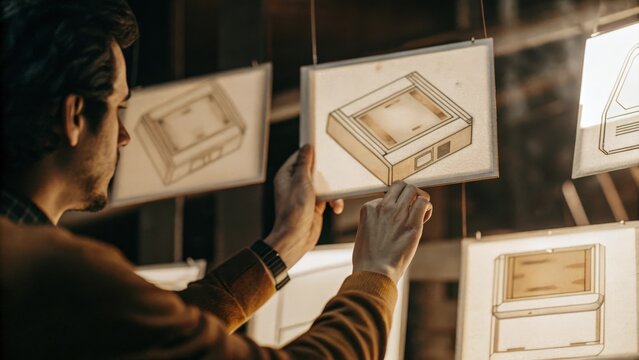 An individual adjusting the dimensions of a holographic product with precision deep in thought as various design iterations float around them.