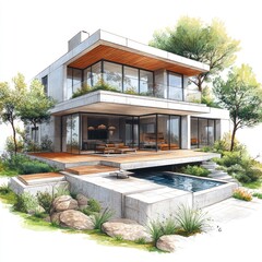 Fototapeta premium Modern house sketch with trees, showcasing conceptual architectural design.