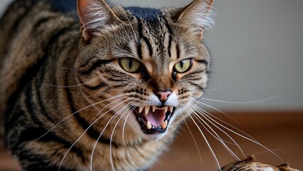 Aggressive tabby cat ready to pounce on prey