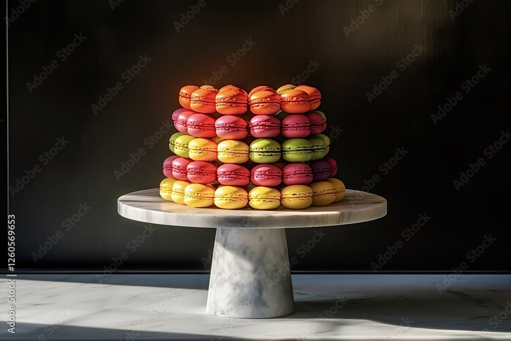 Poster pyramid of colorful macarons is displayed on an elegant marble cake stand. creating a visually appea