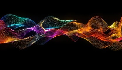 Dynamic sound wave visualization with glowing neon lines and energy trails on black space, contemporary vector illustration for DJ event flyers, digital ads, and music branding projects.