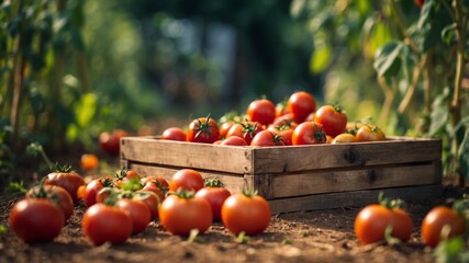 A bountiful harvest of ripe red tomatoes overflows from a rustic wooden crate in the garden.