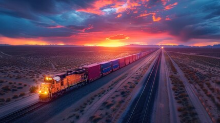 Obraz premium A cargo train carrying stacks of containers crossing a flat, open plain at dusk.