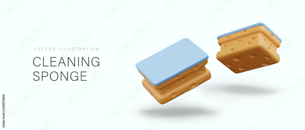 Poster realistic sponge for cleaning, view from different sides. vector model for dynamic web concepts, com