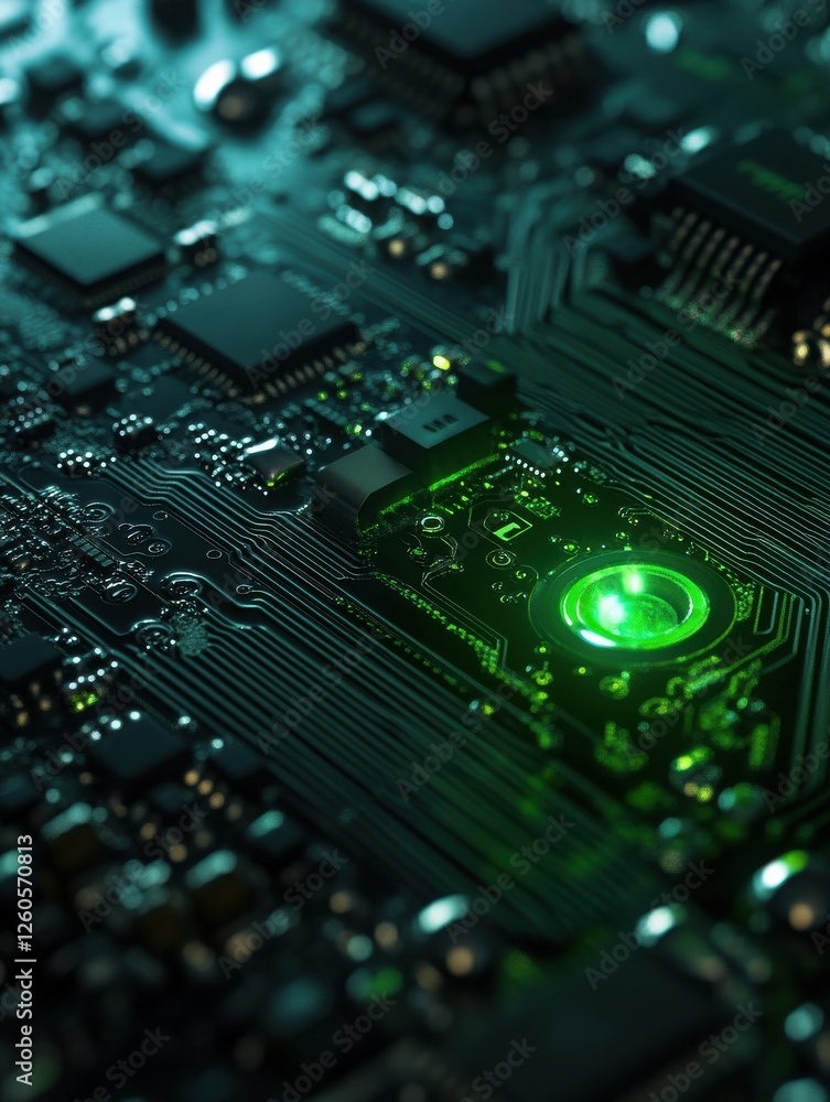 Poster close-up of green light on graphics card highlighting intricate circuitry