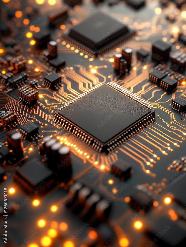 Poster close-up of glowing circuit board with microchips and electronic components