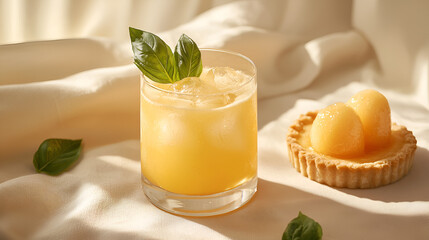 Refreshing iced beverage garnished with basil and a melon tart, perfect for summer refreshment.