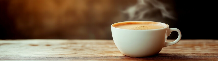 Fototapeta premium Steaming cup of coffee on a rustic wooden table with warm tones, perfect for café branding, morning inspiration, and cozy lifestyle content. Copy space