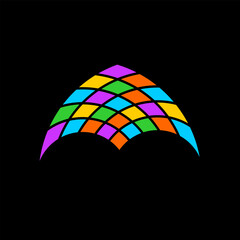 Mosaic abstract flying figure with wings logo. Fashion head decoration colorful element. Vibrant colors helmet top part. Flying kite stylized illustration. Editable stroke.