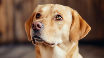 Close-up portrait of a golden Labrador Retriever with gentle eyes, perfect for pet care promotions, animal adoption campaigns, and heartwarming lifestyle content