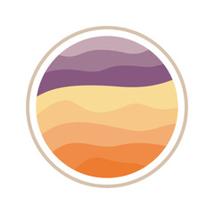 Desert sand waves in a round frame logo. Colorful circle with a wave pattern. The colors are orange, yellow, and purple. The circle is round and has a smooth texture.