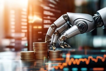 AI Technology in Trading Stocks with Robot Hand on Gold Coin Charts Representing Digital Transformation