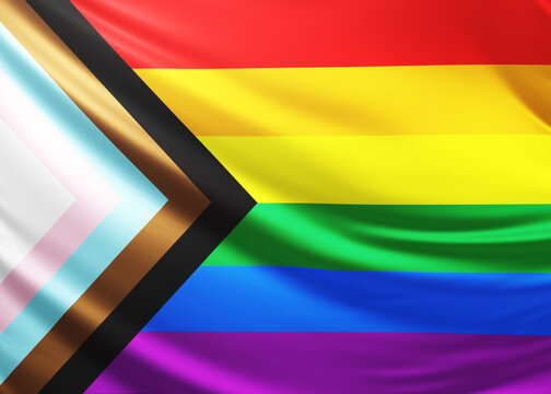 progress pride flag video, symbol of inclusive lgbt community, close-up shot of queer people, pride flag, lgbtq, queer comunity, animated flag background video, 3D video of rainbow flag