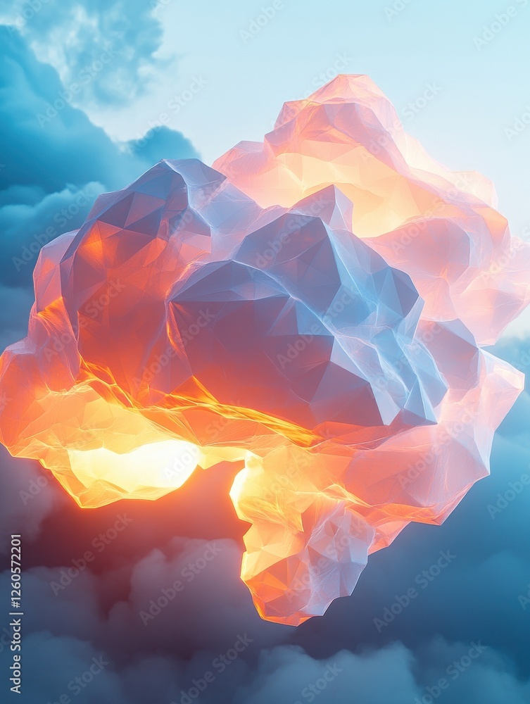 Poster creative glowing polygonal cloud on blue background. cloud computing and data concept. 3d rendering.