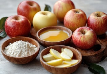 Fresh Apples and Ingredients for Baking Preparation with Honey and Flour on Rustic Wooden Surface