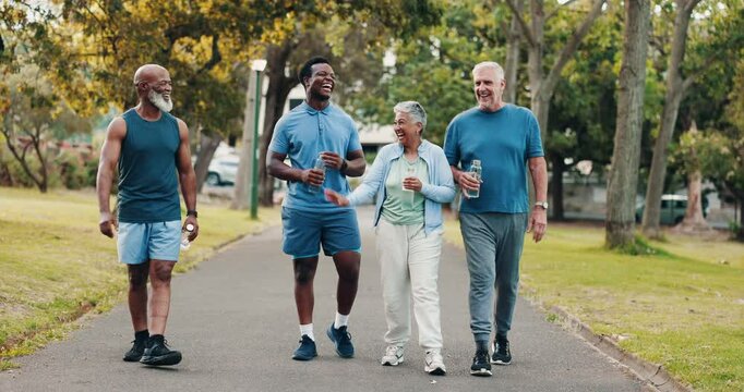 People, talking or walking with coach for fitness, cardio workout or outdoor exercise together at park. Break, retirement or healthy friends with personal trainer, group or wellness on path in nature