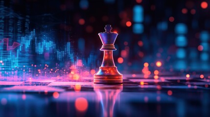 Futuristic Chess King with Digital Elements and Neon Lights in a Virtual Reality Environment