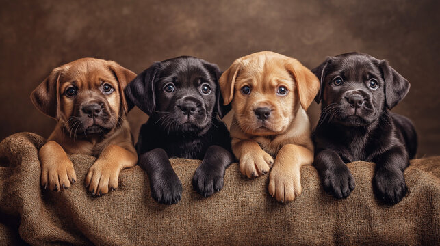  Adorable group of Labrador and mixed-breed puppies resting on burlap, perfect for pet adoption campaigns, animal welfare promotions, and heartwarming marketing materials