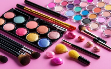 Colorful makeup palettes and brushes on a pink background; assorted cosmetic tools