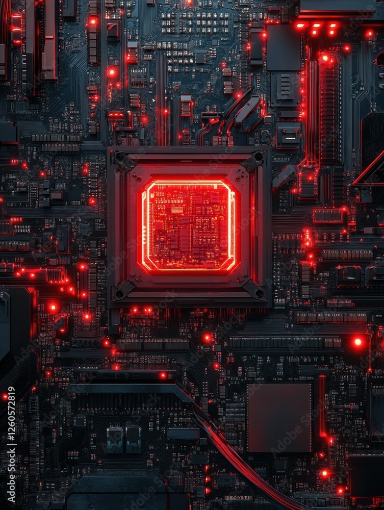Poster a close-up of a computer circuit board with a central processor chip glowing with red light.