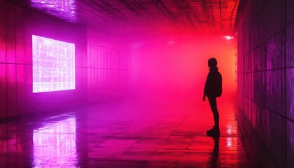 Person stands in glowing tunnel looking at illuminated screen