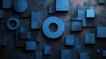 Minimalist Blue squares and circles on a dark background. Geometric pattern for banner template with white space in the center for text. Simple modern wallpaper with copy space.