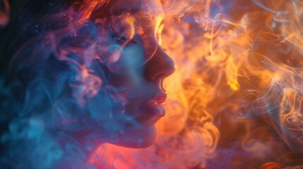 Fototapeta premium A person gazes at colorful smoke, symbolizing creativity and innovative thinking in task management.