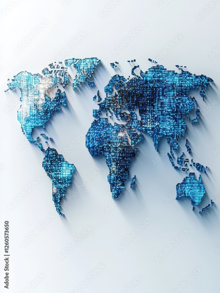 Poster a blue pixelated world map is depicted on a white background with light gradient effects, representi
