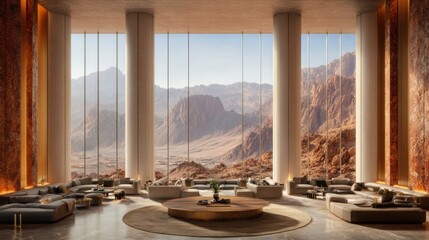 Luxurious Modern Lounge Interior with Mountain View and Abundant Natural Light in Desert Paradise