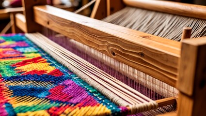 Close up of traditional loom with colorful tapestry