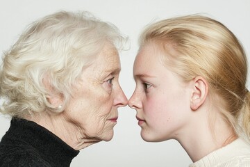 Two women, one senior and the other middle-aged, are touching foreheads while smiling