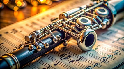 Naklejka premium Close-up of Clarinet and Sheet Music: A Documentary Photography Style Image